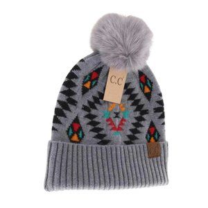 *NWT* C.C Soft Aztec Pattern Beanie with Faux Fur Pom - Womens - Light Grey